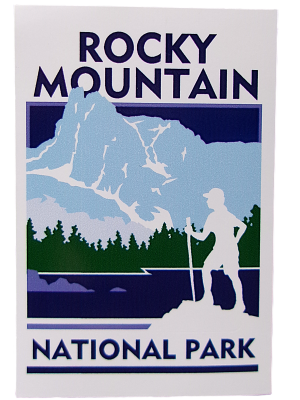 The Sticker-RMNP Travel Sticker Scenic Hiker showcases a hiker silhouette with a trekking pole against blue mountains and trees.