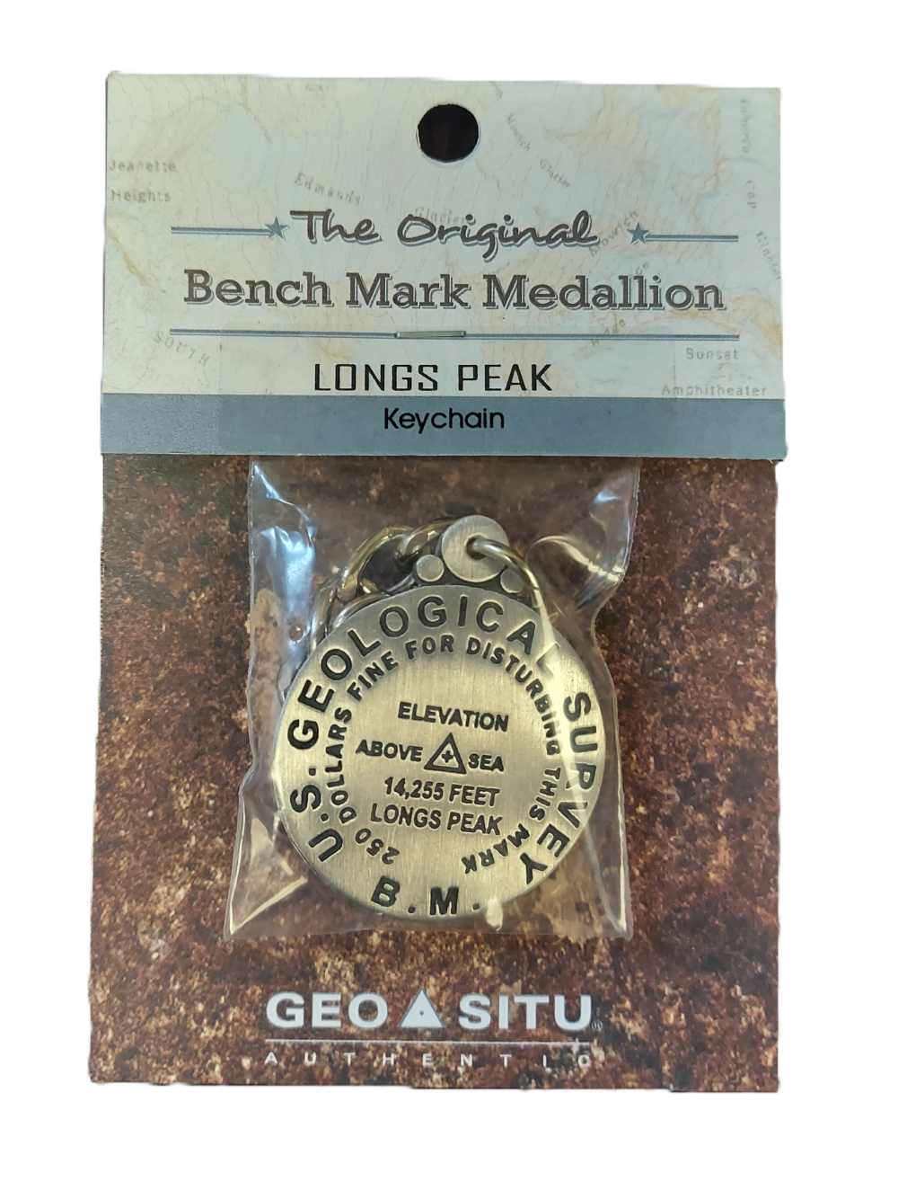The Longs Peak Summit Marker keychain features a "Bench Mark Medallion" indicating 14,255 feet elevation by the U.S. Geological Survey, with packaging that includes a geographic map background.