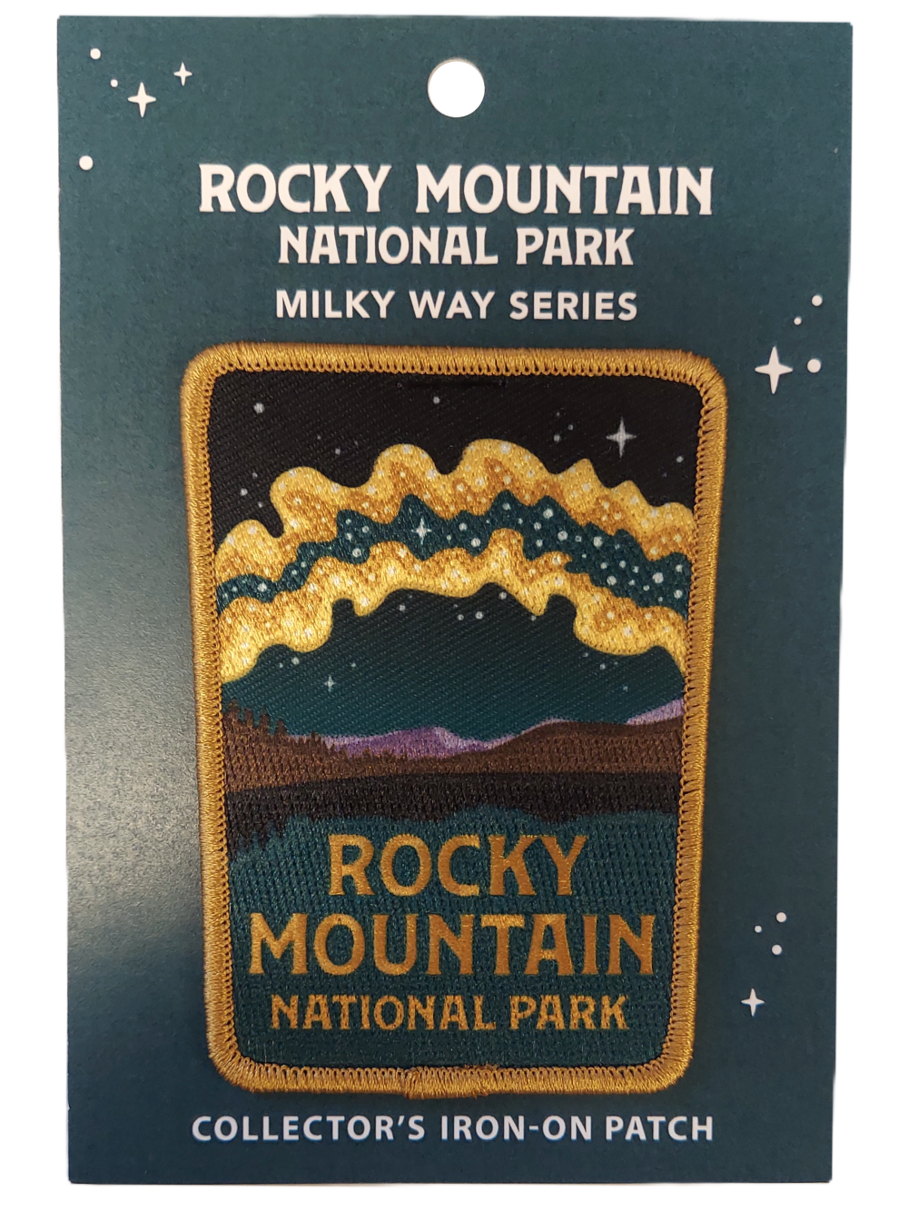 Mily Way Patch The Rocky Mountain National Park iron-on patch, part of the Milky Way Series, is titled "Patch - RMNP Milky Way" and features a depiction of the Milky Way.