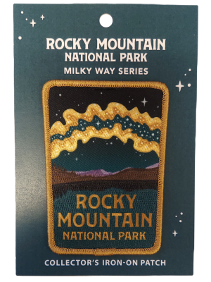 The Rocky Mountain National Park iron-on patch, part of the Milky Way Series, is titled "Patch - RMNP Milky Way" and features a depiction of the Milky Way.