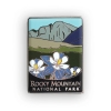 Picture1 The RMNP Traveler Series pin features Rocky Mountain National Park, adorned with blue and white flowers in the foreground and stylized mountains in the background.