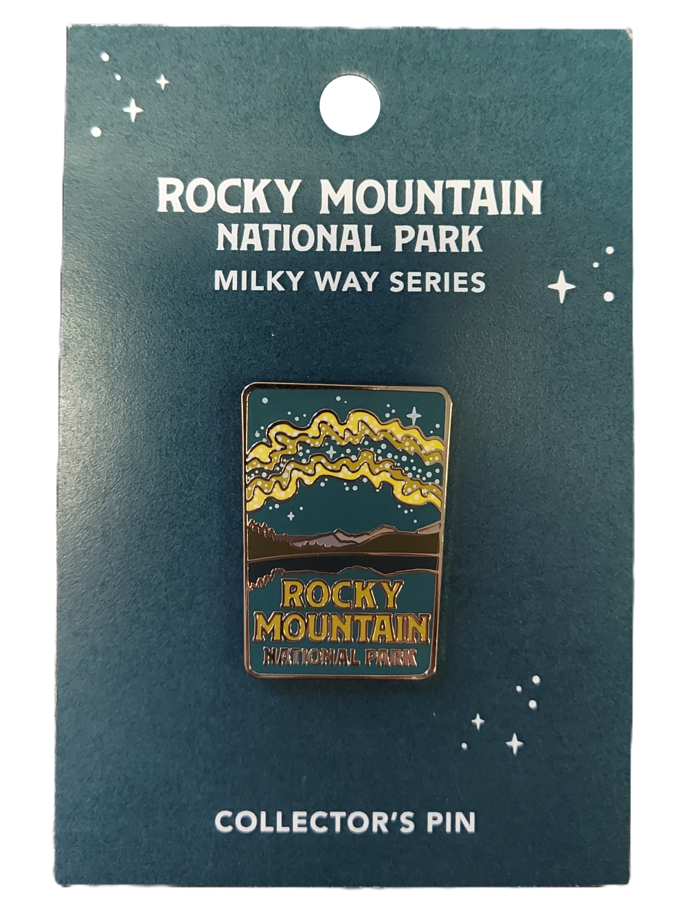 milky way pin The Pin - RMNP Milky Way features a Milky Way design against a night sky, presented on a labeled card.