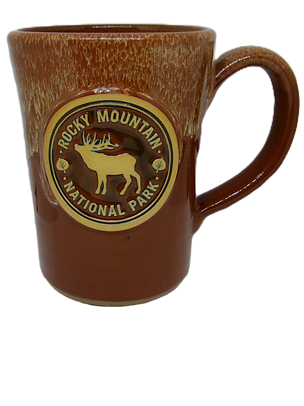 Brown ceramic mug featuring a "Rocky Mountain National Park" emblem with an elk silhouette. Product: Mug - Deneen RMNP Brown Elk.