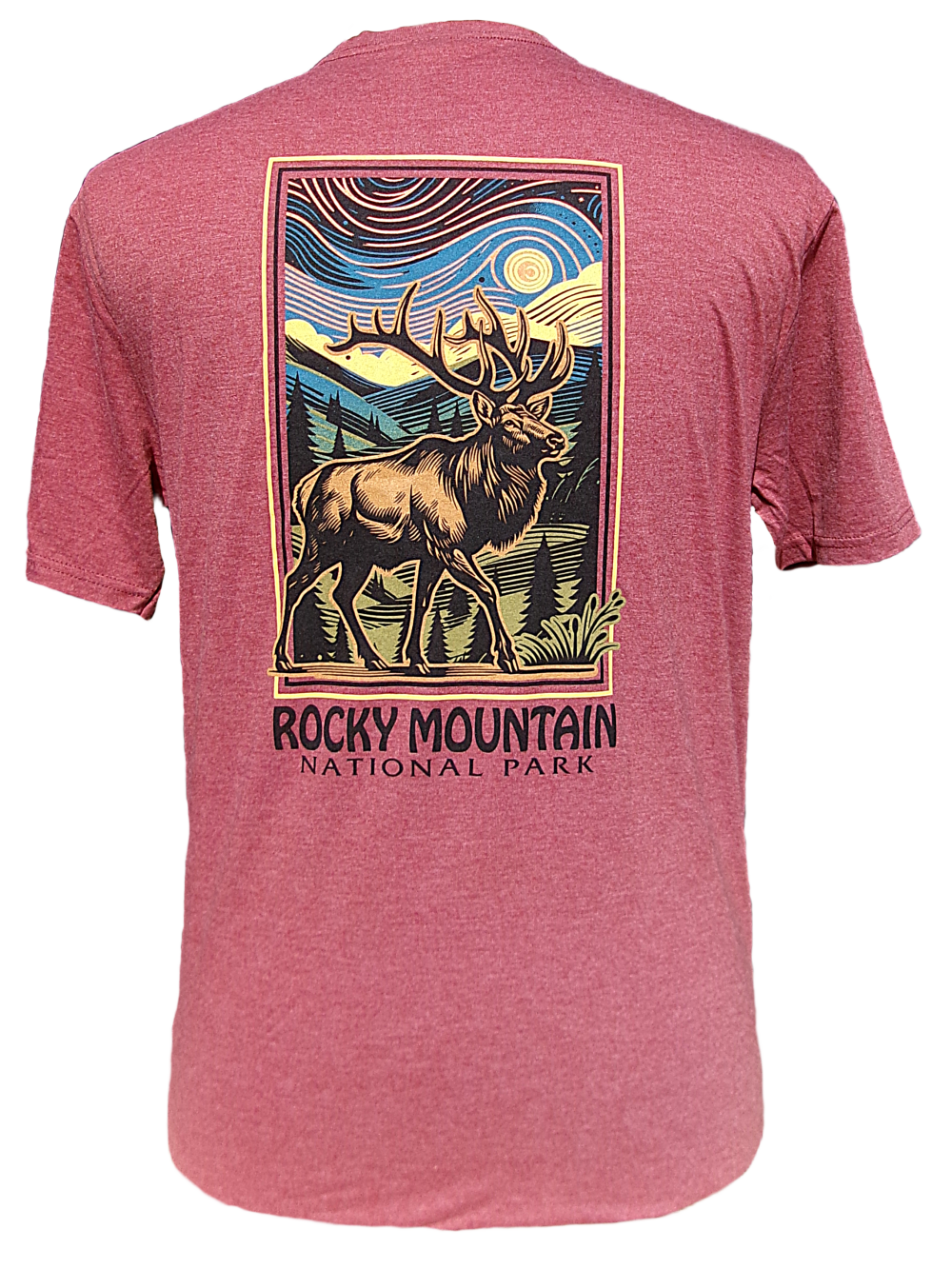 Red t-shirt featuring a stylized graphic of an elk with trees and mountains, and "Rocky Mountain National Park" text on the back. Product: T-Shirt - RMNP Frame Elk.