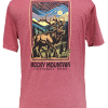 Red t-shirt featuring a stylized graphic of an elk with trees and mountains, and "Rocky Mountain National Park" text on the back. Product: T-Shirt - RMNP Frame Elk.