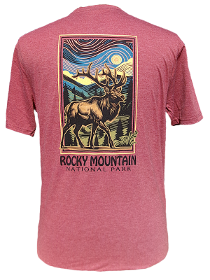 Red t-shirt featuring a stylized graphic of an elk with trees and mountains, and "Rocky Mountain National Park" text on the back. Product: T-Shirt - RMNP Frame Elk.