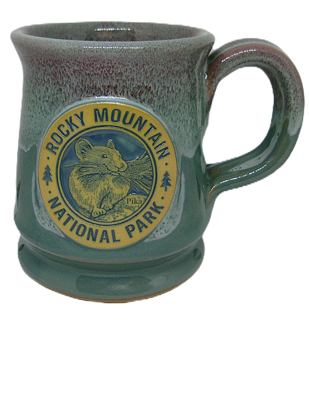 Green ceramic mug titled "Deneen RMNP Pika" highlighting a Rocky Mountain National Park emblem with a pika illustration.