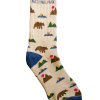 Beige socks named "Socks - RMNP Bear Mountain" feature "Rocky Mountain National Park" text and vibrant patterns of bears, mountains, and trees.