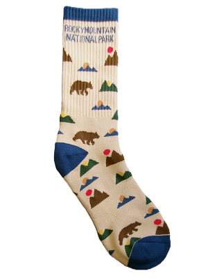 Beige socks named "Socks - RMNP Bear Mountain" feature "Rocky Mountain National Park" text and vibrant patterns of bears, mountains, and trees.
