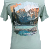 Green T-shirt featuring a vibrant illustration of Rocky Mountain National Park's Hallet Peak, showcasing mountains, trees, and a water reflection.