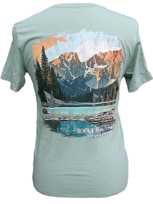 Green T-shirt featuring a vibrant illustration of Rocky Mountain National Park's Hallet Peak, showcasing mountains, trees, and a water reflection.