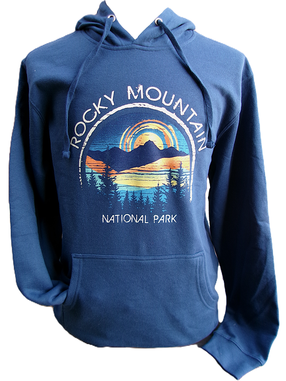 RMNP Ring Rocky Sweatshirt: A blue design featuring "Rocky Mountain National Park" with mountains and trees at sunset.