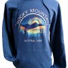 RMNP Ring Rocky Sweatshirt: A blue design featuring "Rocky Mountain National Park" with mountains and trees at sunset.