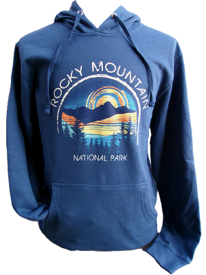 RMNP Ring Rocky Sweatshirt: A blue design featuring "Rocky Mountain National Park" with mountains and trees at sunset.