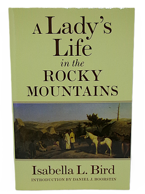 The cover of "A Lady’s Life in the Rocky Mountains" features a painting with people and horses in a rocky landscape.