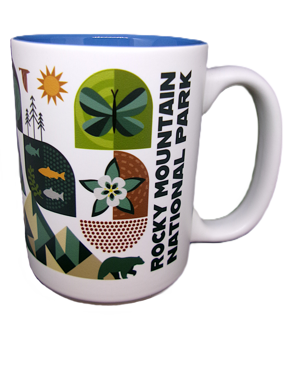 White "Mug - RMNP Mod Collage" featuring "Rocky Mountain National Park" text and colorful illustrations of a butterfly, bear, fish, flower, and mountains.