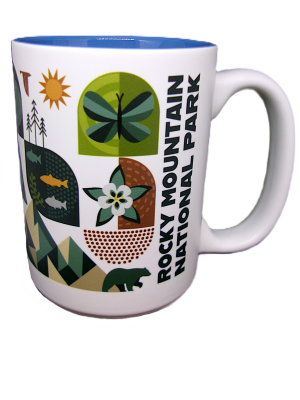 White "Mug - RMNP Mod Collage" featuring "Rocky Mountain National Park" text and colorful illustrations of a butterfly, bear, fish, flower, and mountains.
