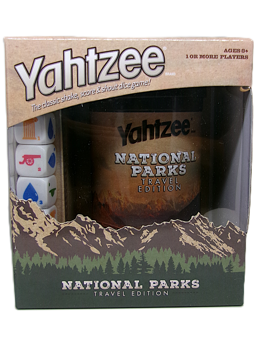 YAHTZEE®: National Parks Edition features custom dice and cup, a mountain-themed box design, and is suitable for ages 8 and up.