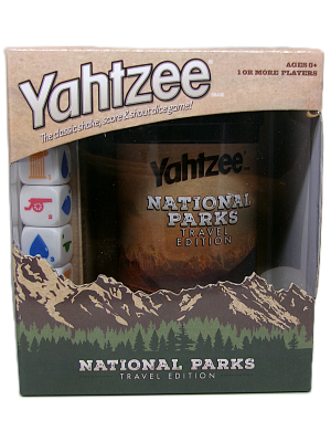 YAHTZEE®: National Parks Edition features custom dice and cup, a mountain-themed box design, and is suitable for ages 8 and up.