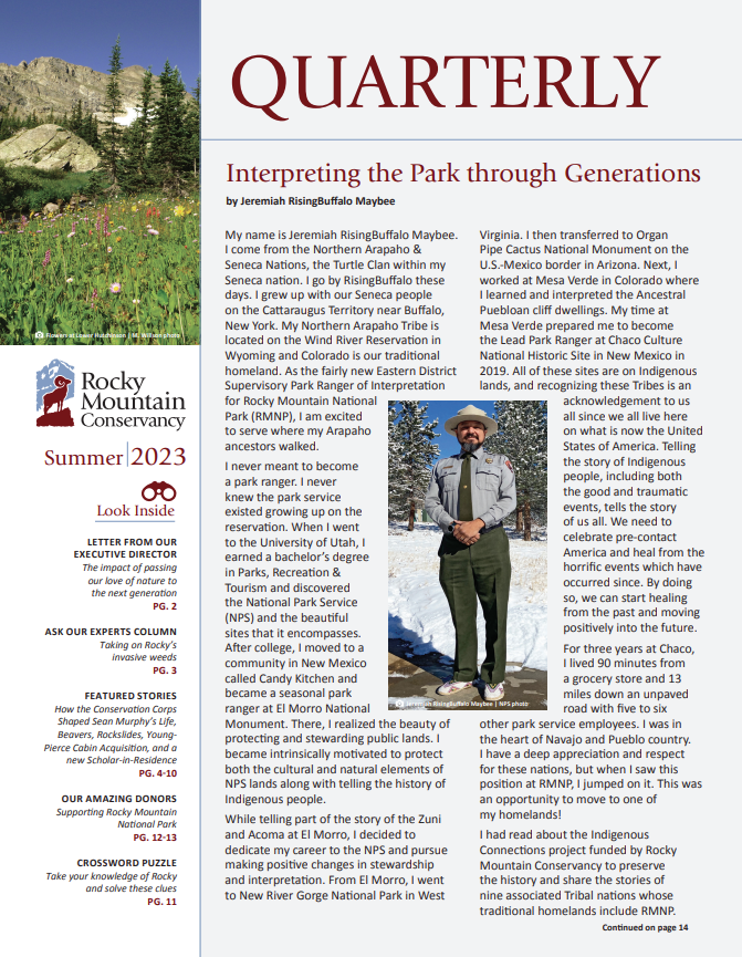A newsletter cover featuring an article titled "Interpreting the Park through Generations," a photo of a man in winter attire, and the Rocky Mountain Conservancy Summer 2023 branding.