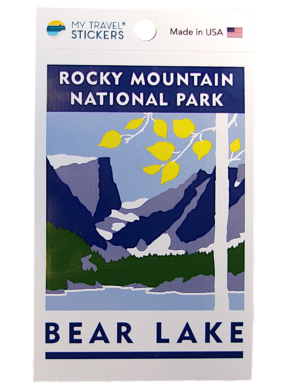 bear Lake sticker The Sticker - RMNP Travel Sticker Bear Lake features mountains, trees, and yellow leaves of Rocky Mountain National Park with "Bear Lake," plus "My Travel Stickers" and "Made in USA" printed on it.