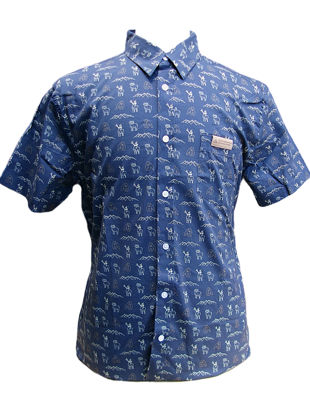 T-Shirt - Animal Icons Blue: Short-sleeved, button-up blue shirt with a small collar, white buttons, a chest pocket tag, and a pattern of small white animal and tree icons.