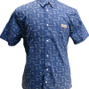 T-Shirt - Animal Icons Blue: Short-sleeved, button-up blue shirt with a small collar, white buttons, a chest pocket tag, and a pattern of small white animal and tree icons.