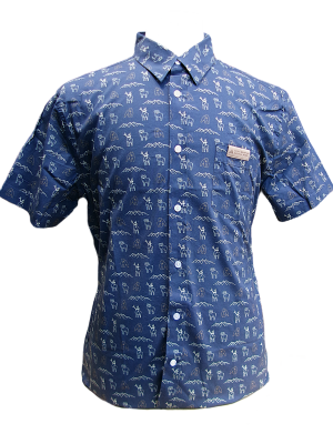 T-Shirt - Animal Icons Blue: Short-sleeved, button-up blue shirt with a small collar, white buttons, a chest pocket tag, and a pattern of small white animal and tree icons.