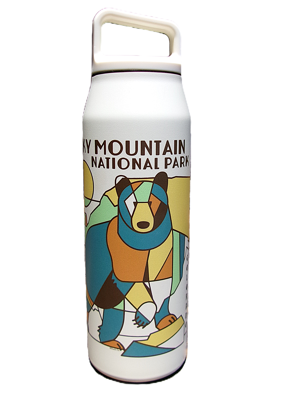 The Water Bottle - Earth Bear is a white bottle with a colorful geometric bear illustration and "Rocky Mountain National Park" text.