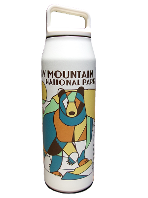 The Water Bottle - Earth Bear is a white bottle with a colorful geometric bear illustration and "Rocky Mountain National Park" text.