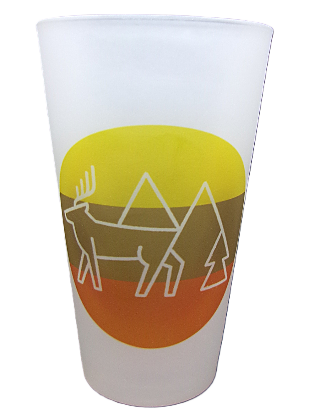 Glass - RMNP Pint Elk Logo featuring a frosted finish and a stylized elk, trees, and mountains set against a yellow and orange background.