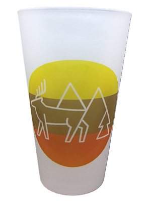 Glass - RMNP Pint Elk Logo featuring a frosted finish and a stylized elk, trees, and mountains set against a yellow and orange background.