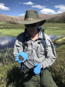 A park ranger wearing a uniform, hat, and blue gloves holds a small frog in one hand while standing in a grassy field near a pond.