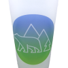 The Glass - RMNP Pint Bear Logo features a white outline of a bear, pine tree, and two mountains on a frosted cup with a blue and green circular background.