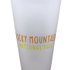 Frosted glass cup with the "RMNP Pint Elk Logo" and "Rocky Mountain National Park" text in orange and yellow letters.
