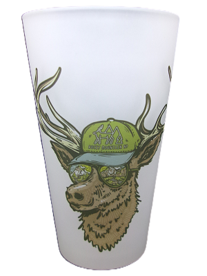 A clear pint glass featuring an illustration of an elk wearing sunglasses and a green cap labeled "Rocky Mountain NP.