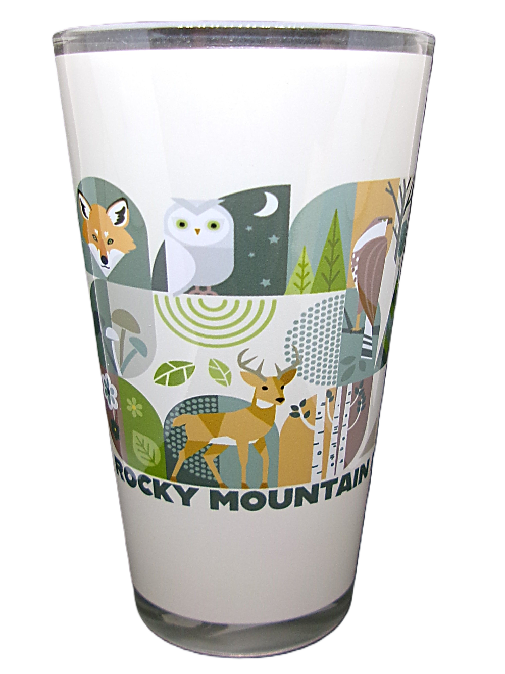A pint glass named "RMNP Pint Mod Collage" showcases stylized illustrations of forest animals and plants inspired by Rocky Mountain National Park.