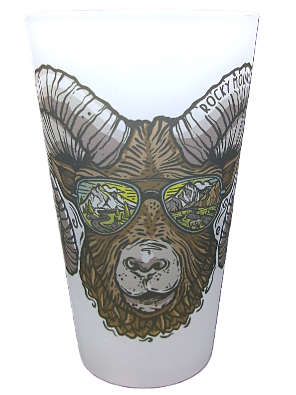 A pint glass featuring an illustration of a ram wearing sunglasses that reflect a mountain landscape, with text reading "Rocky Mountain." Product name: Glass - RMNP Pint Ram Sunglasses.