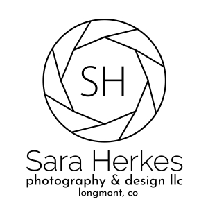 Logo for "Sara Herkes Photography & Design LLC, Longmont, CO," featuring a camera shutter icon with the initials "SH" inside.