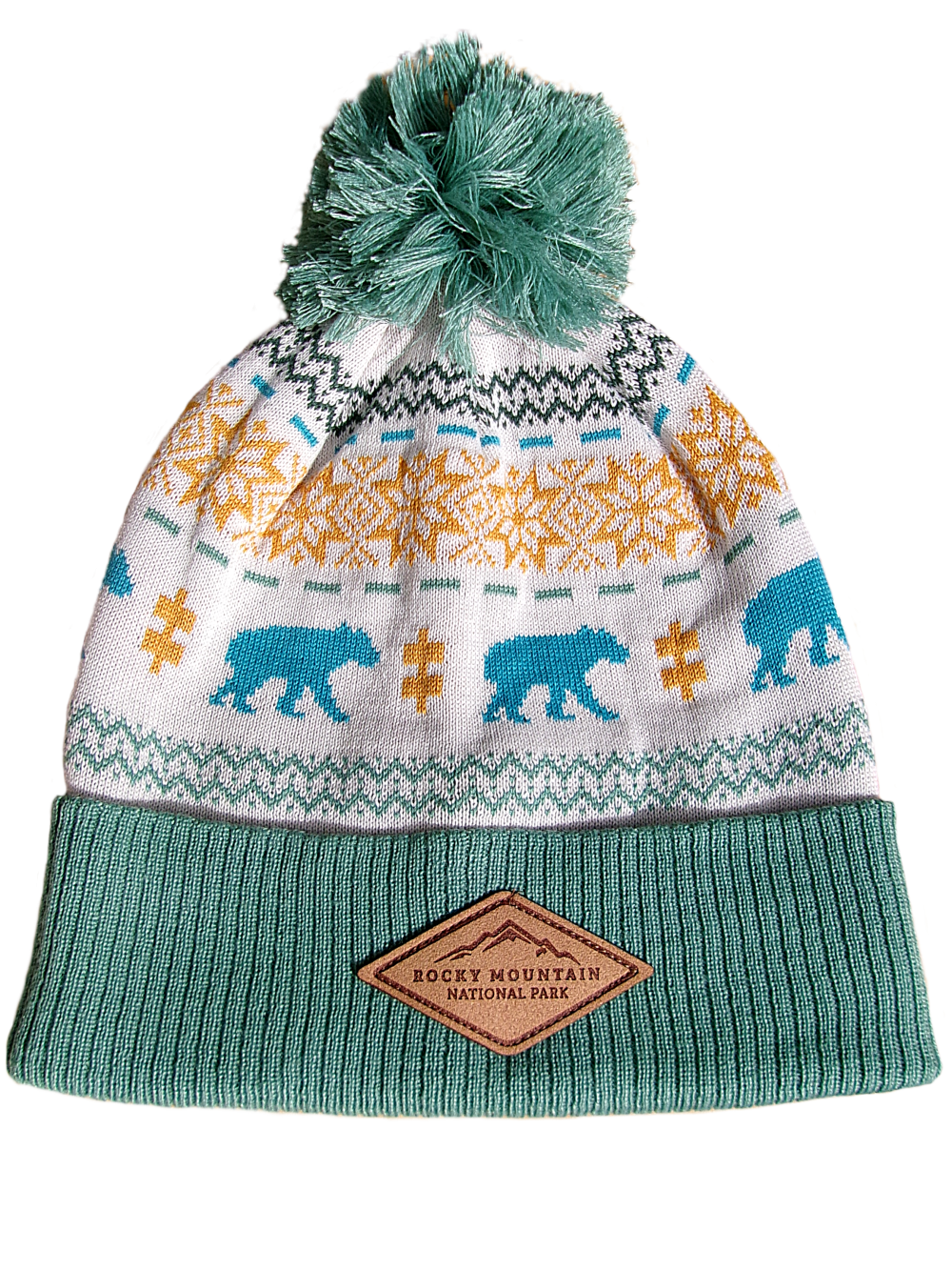 bear pom Beanie with a teal brim and pom. White background, with a blue bear, orange snowflake, and green geometric repeating design. Leather patch on brim with "Rocky Mountain National Park."
