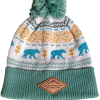 bear pom Beanie with a teal brim and pom. White background, with a blue bear, orange snowflake, and green geometric repeating design. Leather patch on brim with "Rocky Mountain National Park."