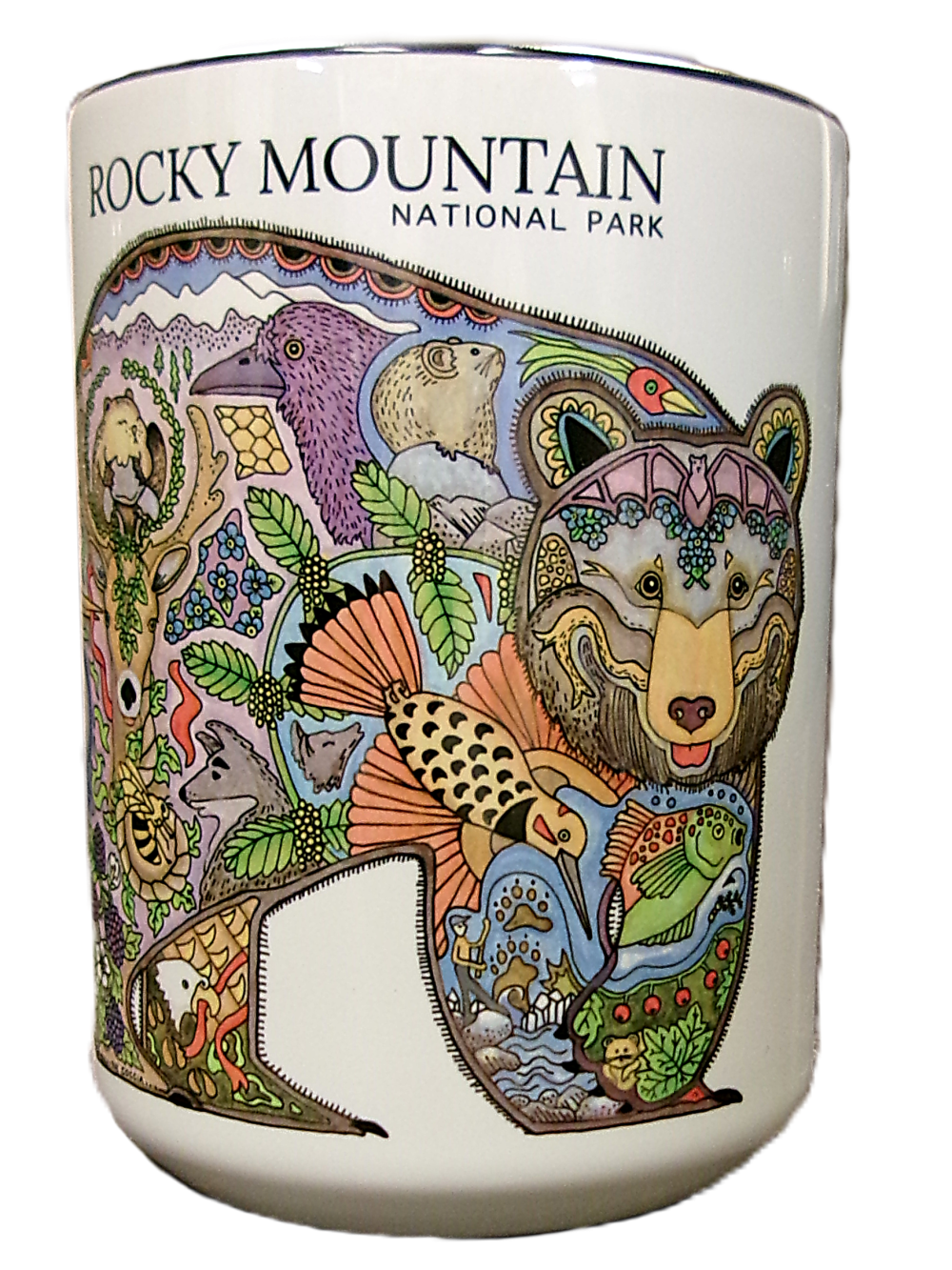 The Mug - RMNP Bear Collage is a ceramic mug displaying a vibrant bear illustration filled with detailed animals, plants, and landscapes, labeled "Rocky Mountain National Park.