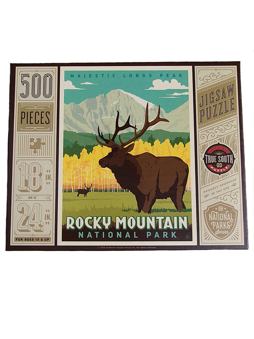 A 500-piece puzzle named "Puzzle - Fall Bull Elk," showing an elk before mountains and trees, labeled Rocky Mountain National Park; finished size measures 18 x 24 inches.