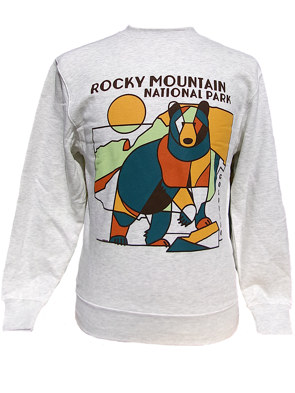 The front of the Sweatshirt - RMNP Earth Bear Crewneck features a colorful geometric bear, sun, and mountain design with "Rocky Mountain National Park" text on light gray fabric.