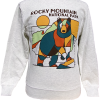 The front of the Sweatshirt - RMNP Earth Bear Crewneck features a colorful geometric bear, sun, and mountain design with "Rocky Mountain National Park" text on light gray fabric.