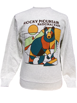 The front of the Sweatshirt - RMNP Earth Bear Crewneck features a colorful geometric bear, sun, and mountain design with "Rocky Mountain National Park" text on light gray fabric.