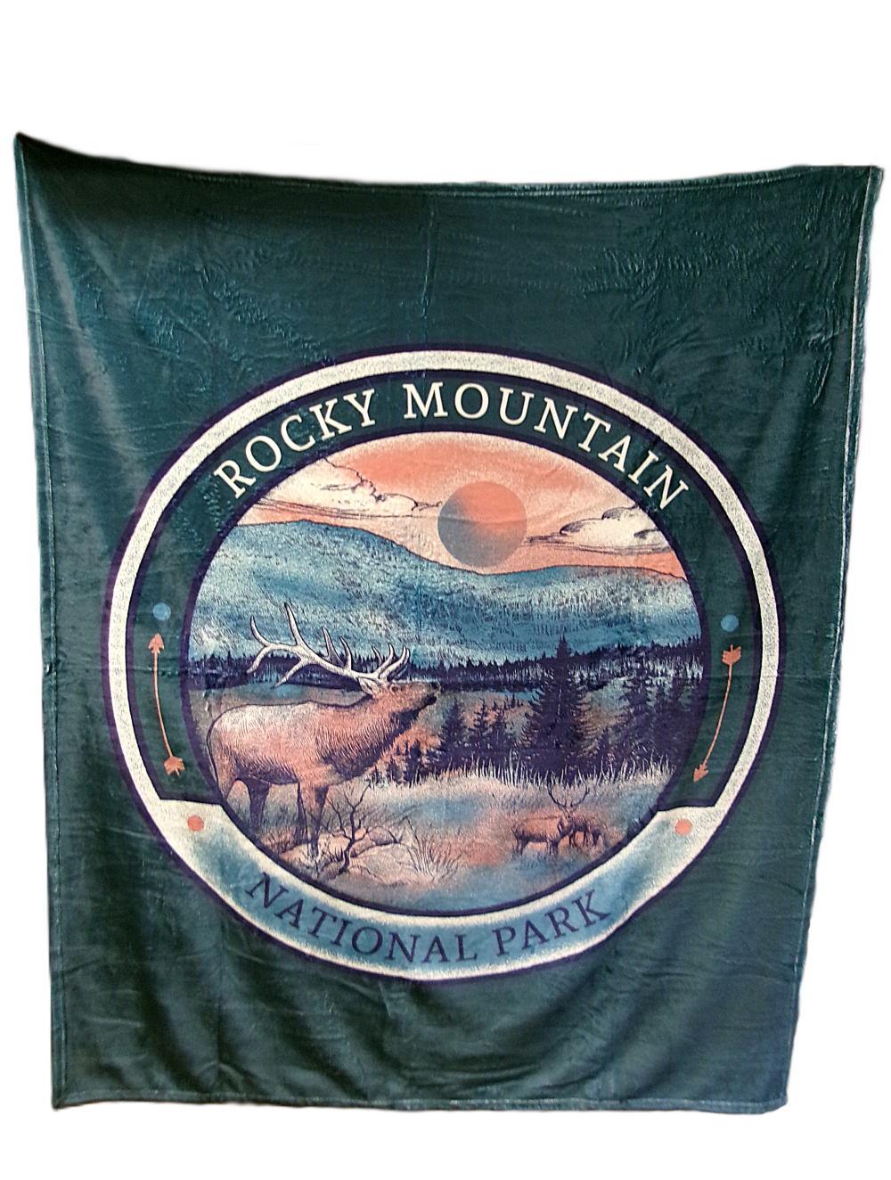 The Blanket - RMNP Scenic Elk features a Rocky Mountain National Park design with a landscape, mountains, sun, and elk in the foreground.