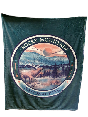 The Blanket - RMNP Scenic Elk features a Rocky Mountain National Park design with a landscape, mountains, sun, and elk in the foreground.
