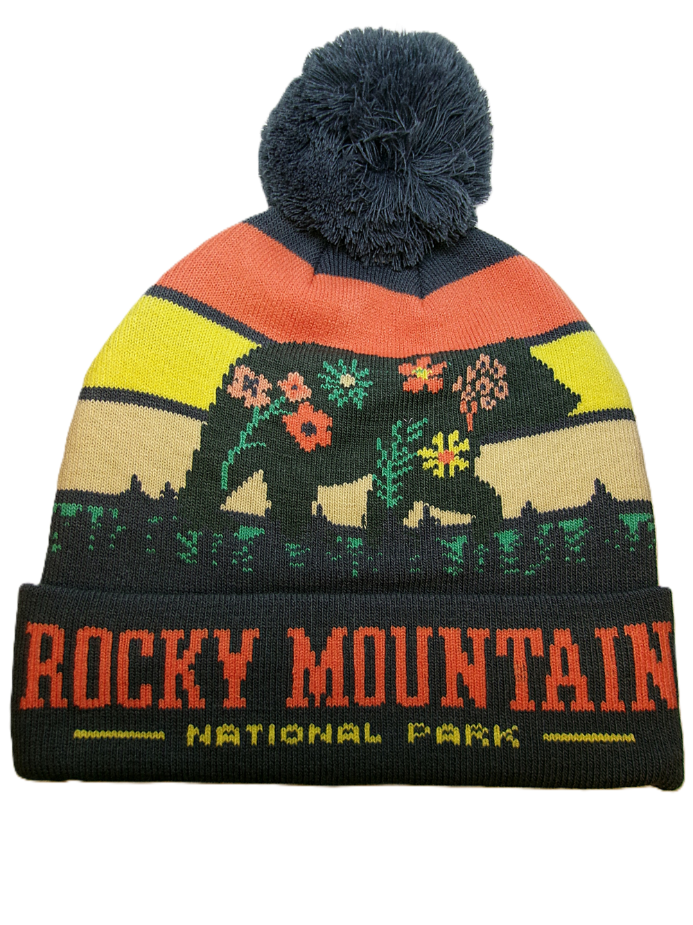 flower bear beanie The Flower Bear Beanie is a knit hat with a pom-pom, featuring a bear among flowers, a sunset pattern, and "ROCKY MOUNTAIN NATIONAL PARK" on the brim.