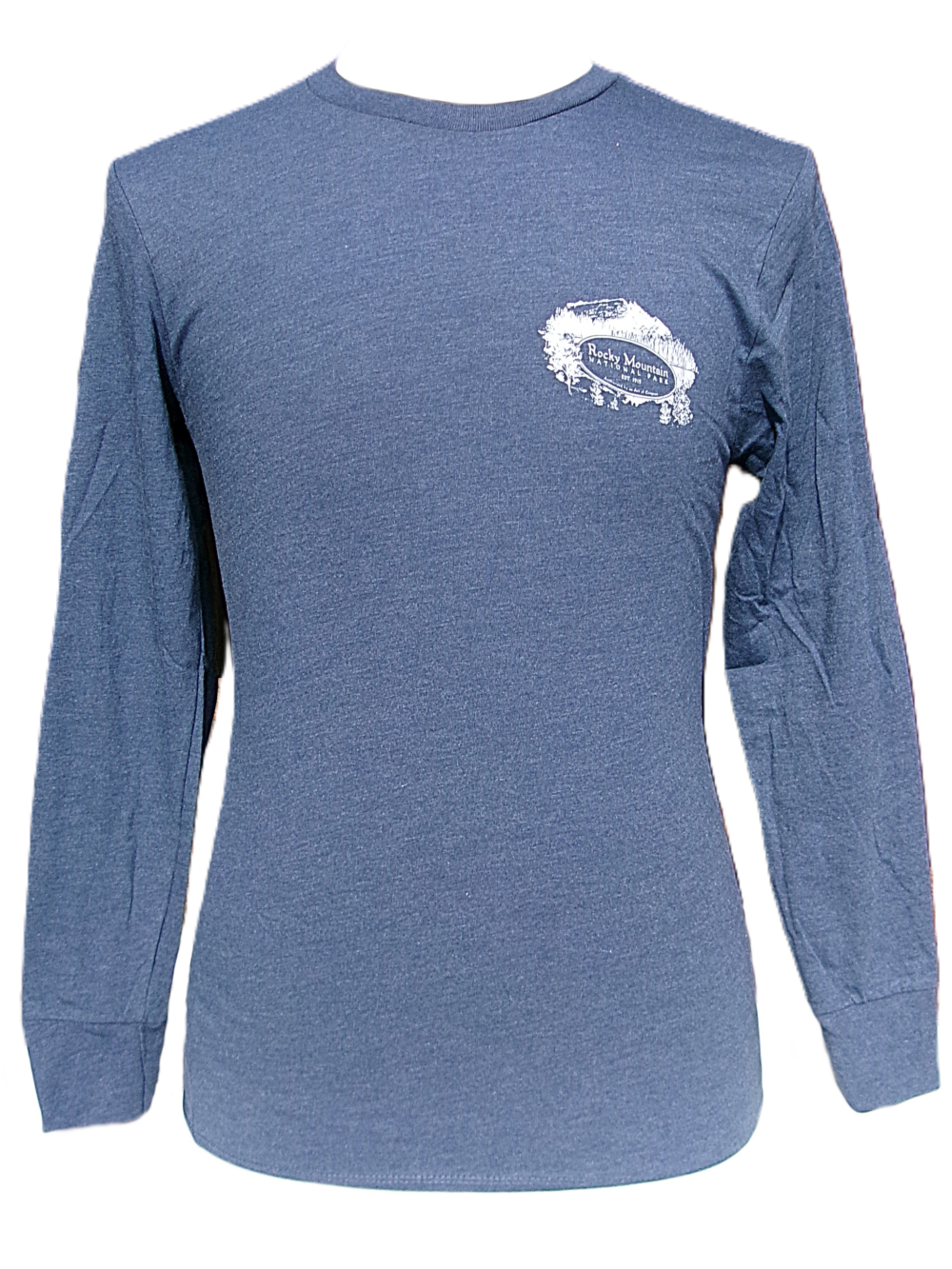 mcgov ls front The Long Sleeve Shirt - RMNP Map is a blue crew-neck shirt featuring a small white map graphic and text on the left chest.